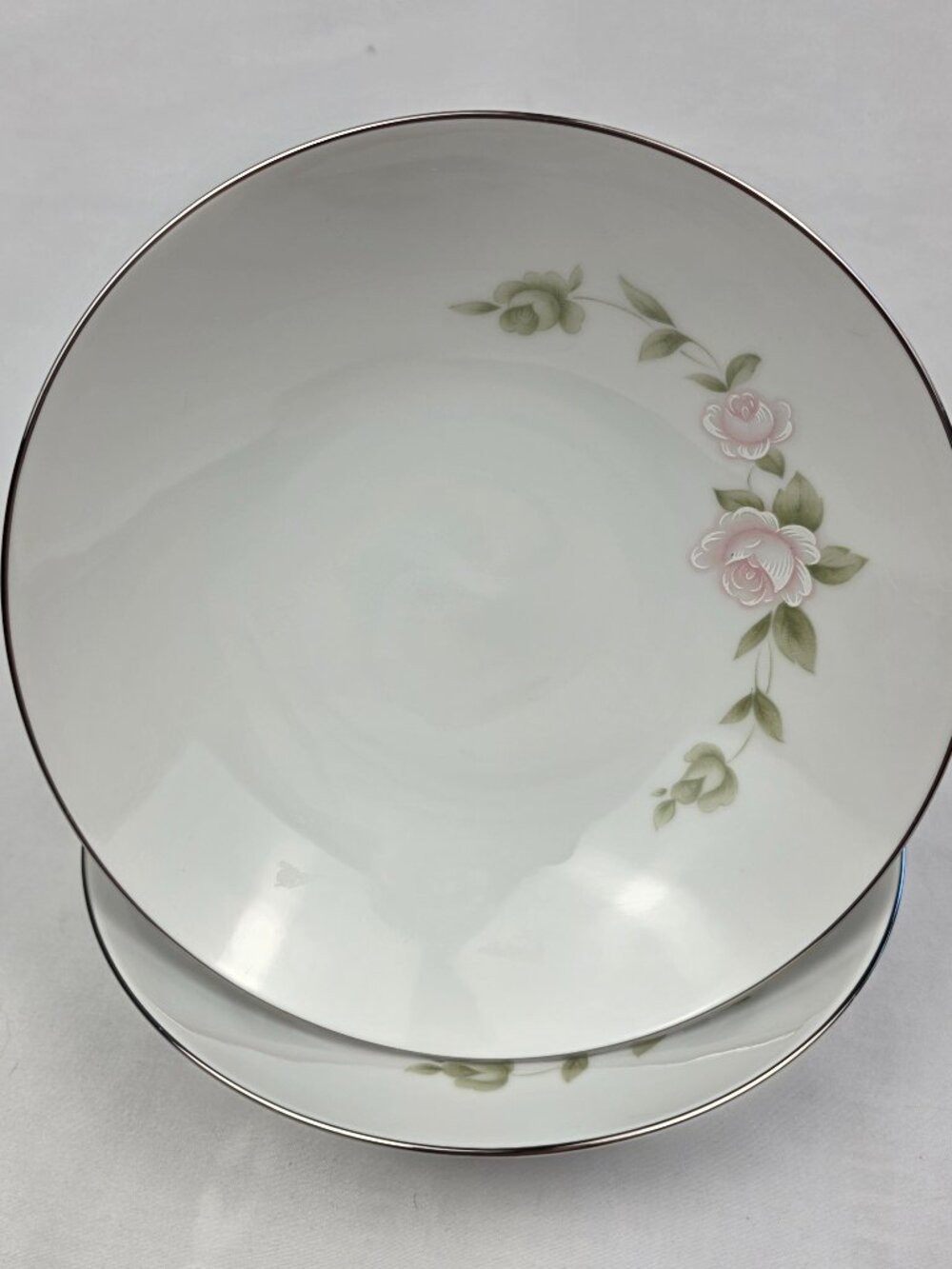 TWO Style House Tudor Rose Coupe Soup Bowls 7 1/8 Inch Pink Roses Green Leaves
